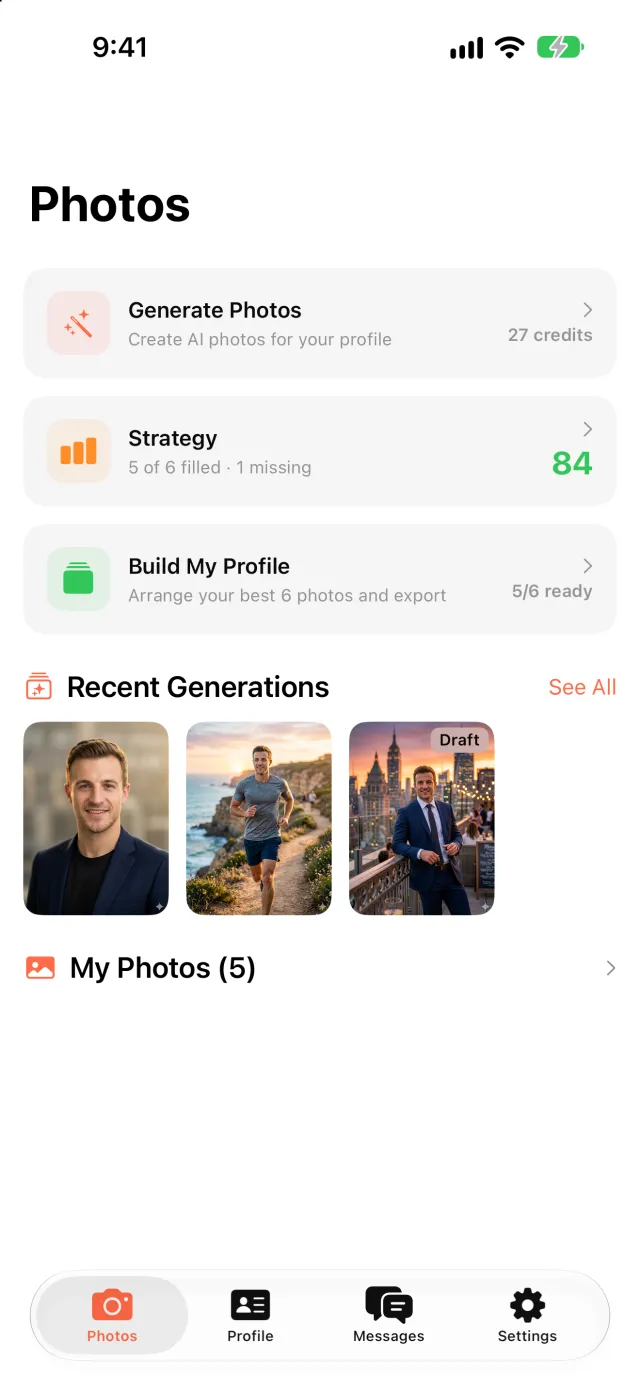 Matchframe Photos screen showing generate, strategy score 84 and recent generations