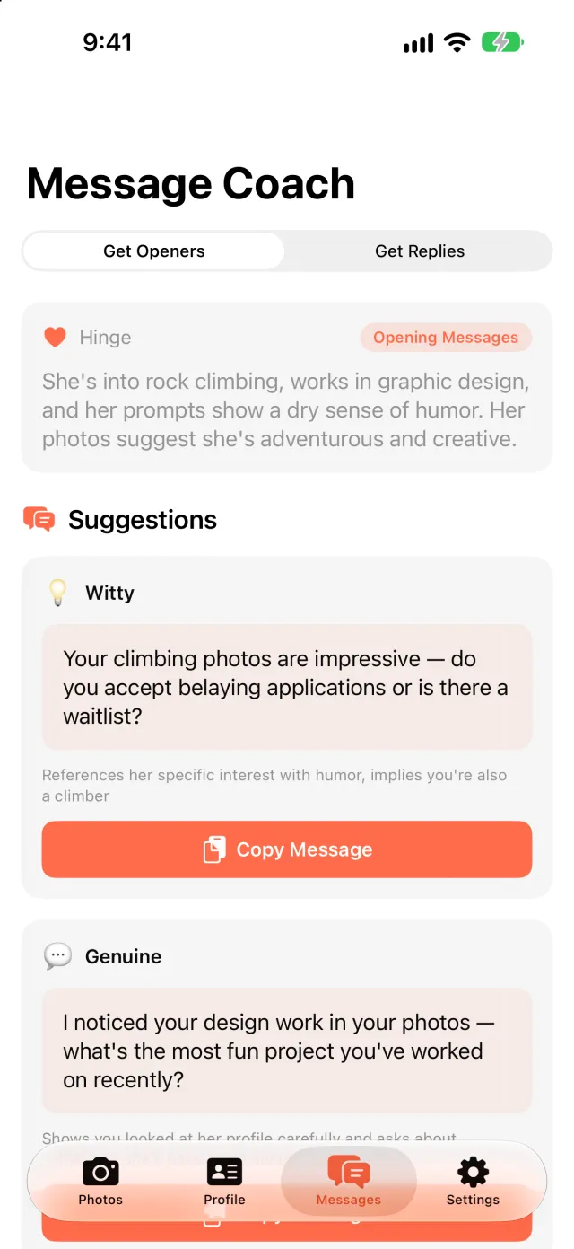 Matchframe Message Coach screen with suggested openers for a Hinge match