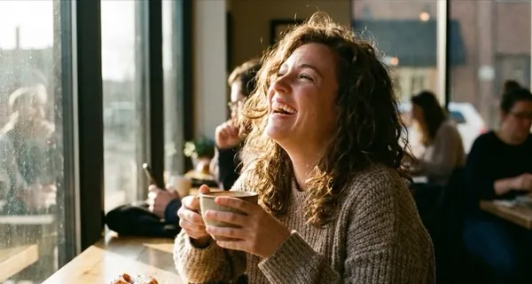 Example candid photo: woman laughing in a café