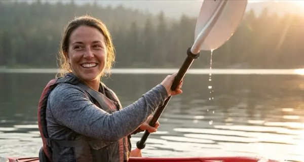 Example activity photo: woman kayaking at sunset