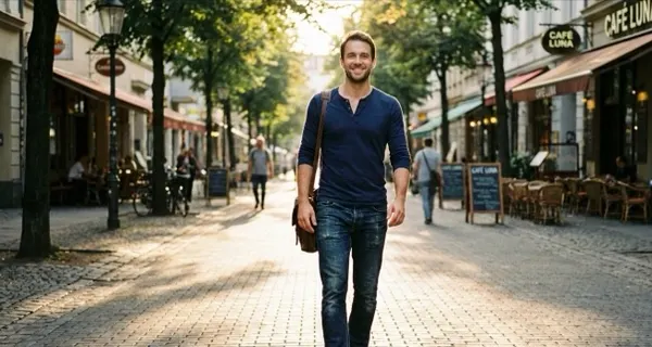 Example full-body photo: man walking down a tree-lined street